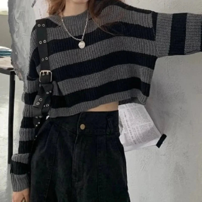 Streetwear Vibes: Oversized Cropped Striped Knit Sweater For Her