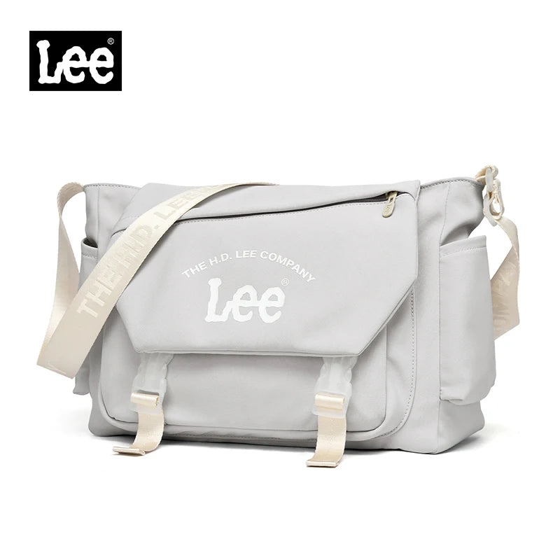 Gray bag with 'Lee' branding on a white background