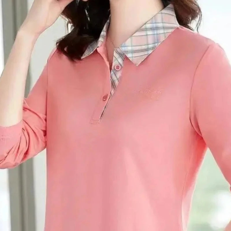 Checked Collar Charm: Women's Long Sleeve Polo Shirt