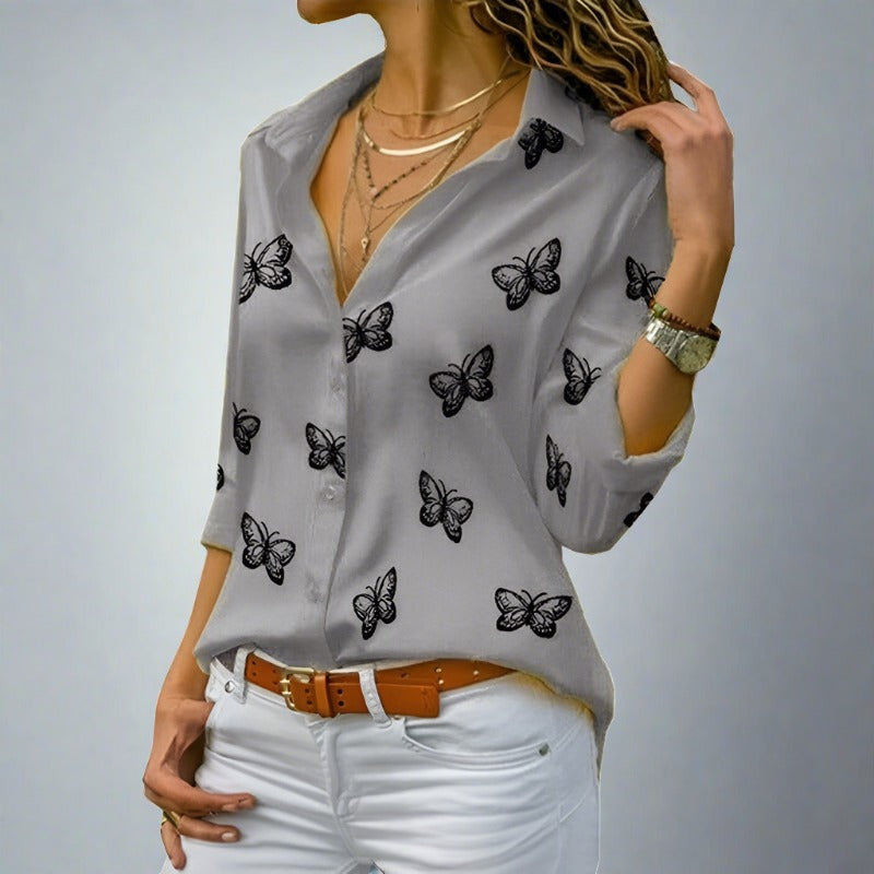 Butterfly Print, Loose, Long Sleeve Women's Shirt