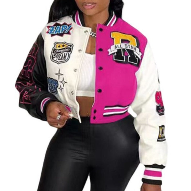 Y2K Baseball Cropped Jacket With Color-Block Splicing