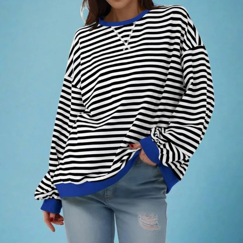 Oversized Vibes: Long Sleeve Striped Color Block Women's Top