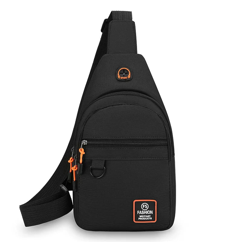 Black sling bag with orange accents on a white background
