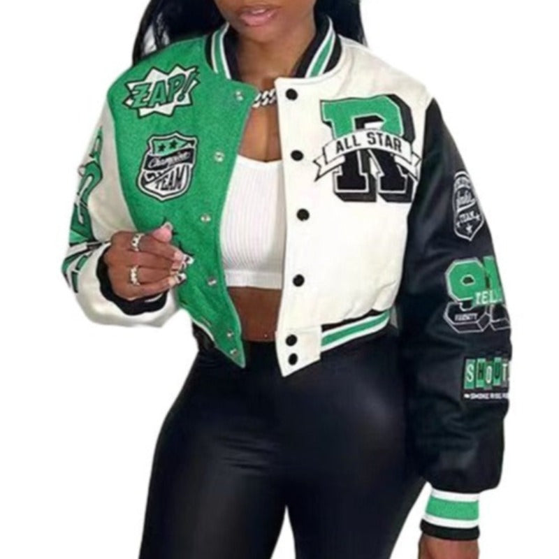 Y2K Baseball Cropped Jacket With Color-Block Splicing