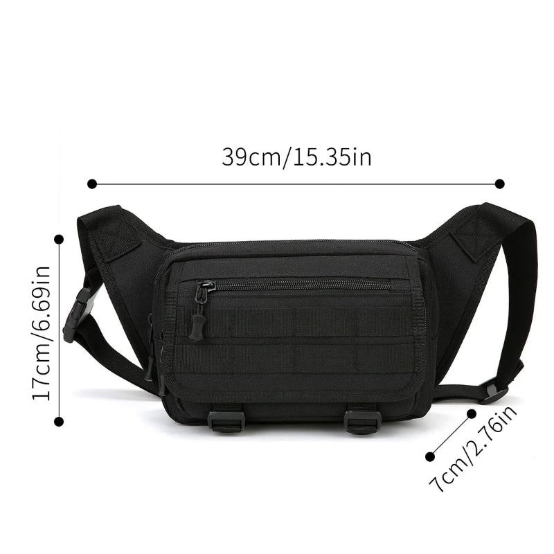 Black waist bag with measurements on a white background