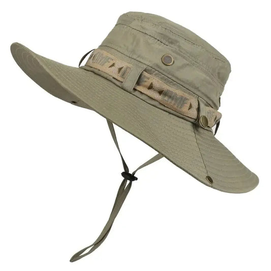 Beige wide-brimmed hat with a strap on a white background