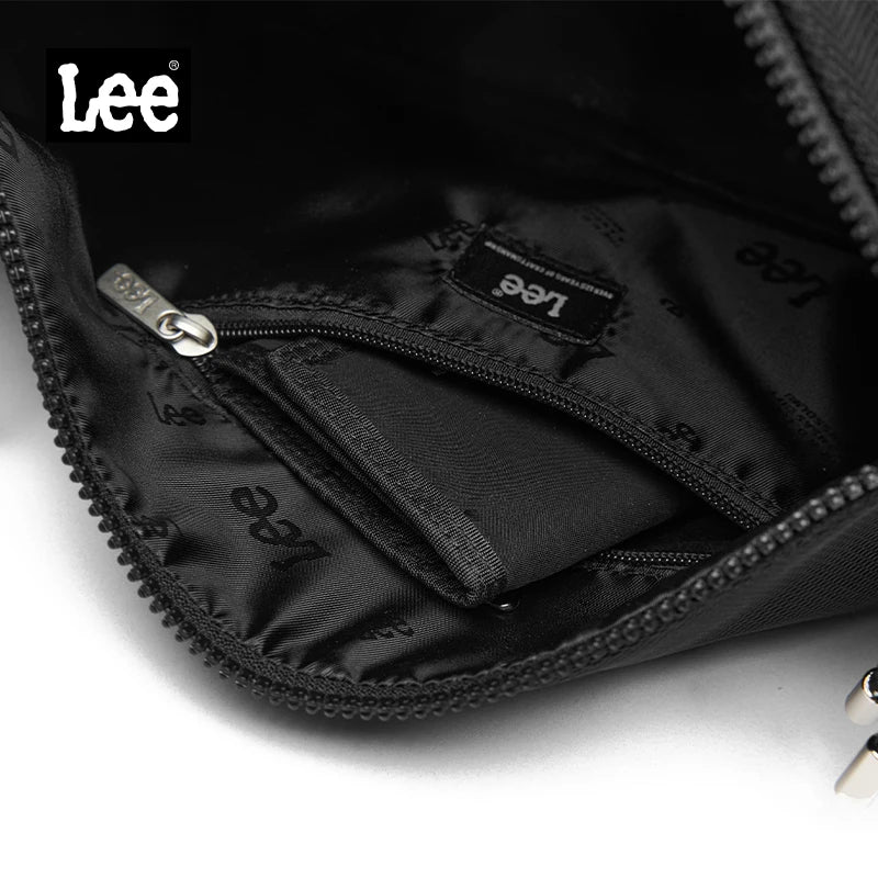 Close-up of a black bag with 'Lee' branding on a white background