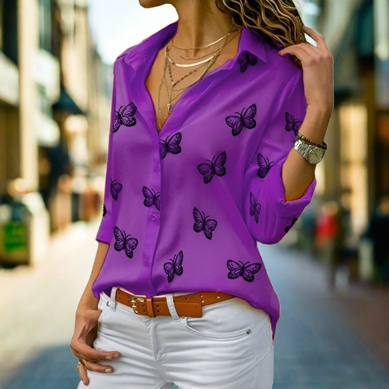 Butterfly Print, Loose, Long Sleeve Women's Shirt