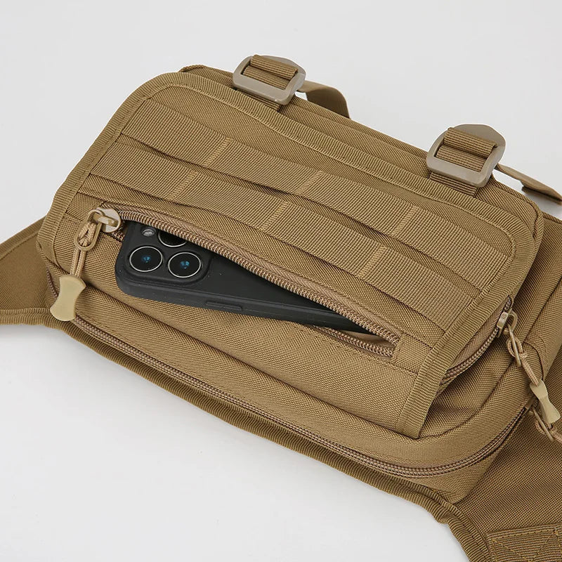 Tan tactical waist bag with a phone inside on a white background