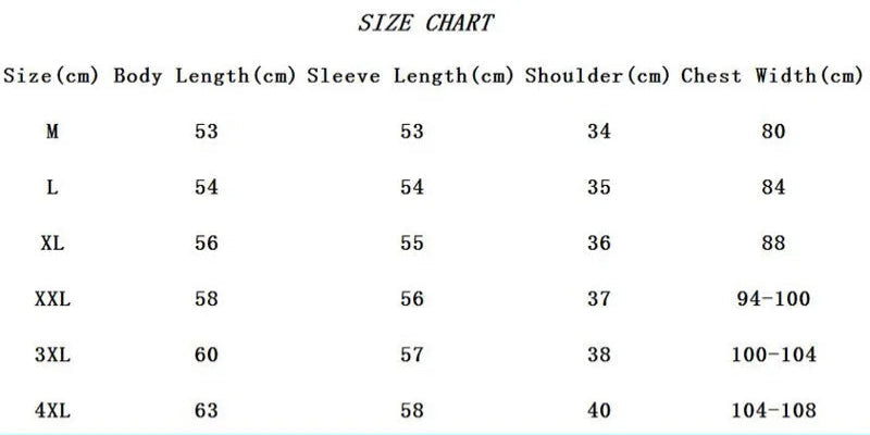 Size chart for clothing measurements in centimeters