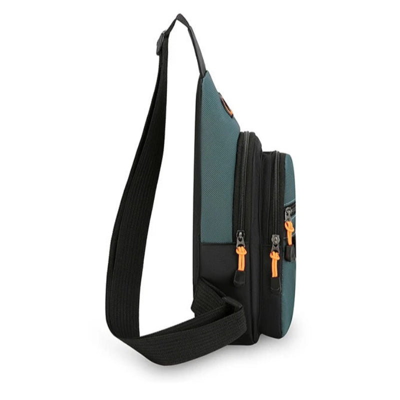 Sling bag with black strap and green body on a white background