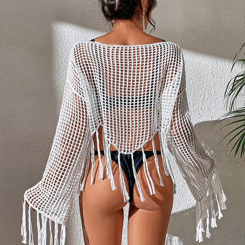 See-Through Tassel Smock Crop Cover-Up