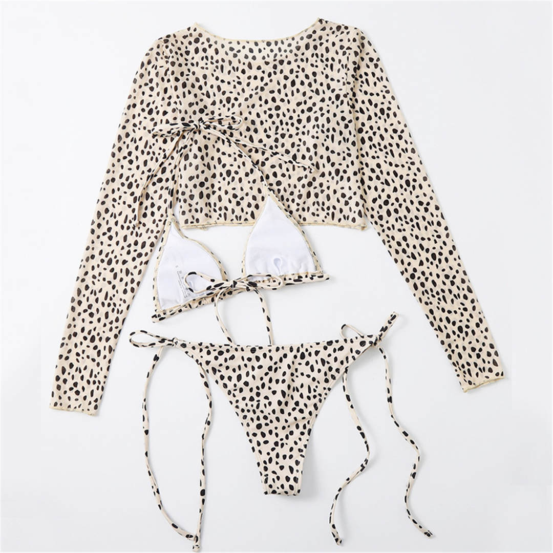 Mix & Match Marvel: Leopard Halter Brazilian Bikini + Long Sleeve Sun Top (3-Piece Set)