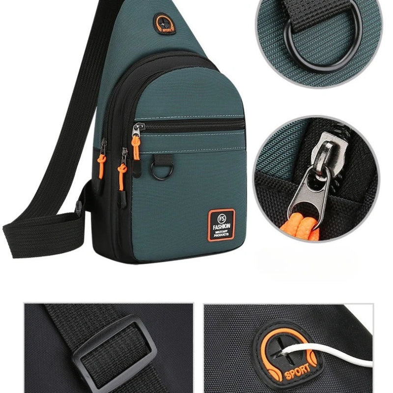 Green sling bag with close-up details on a white background