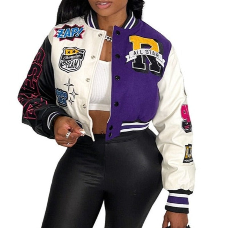 Y2K Baseball Cropped Jacket With Color-Block Splicing