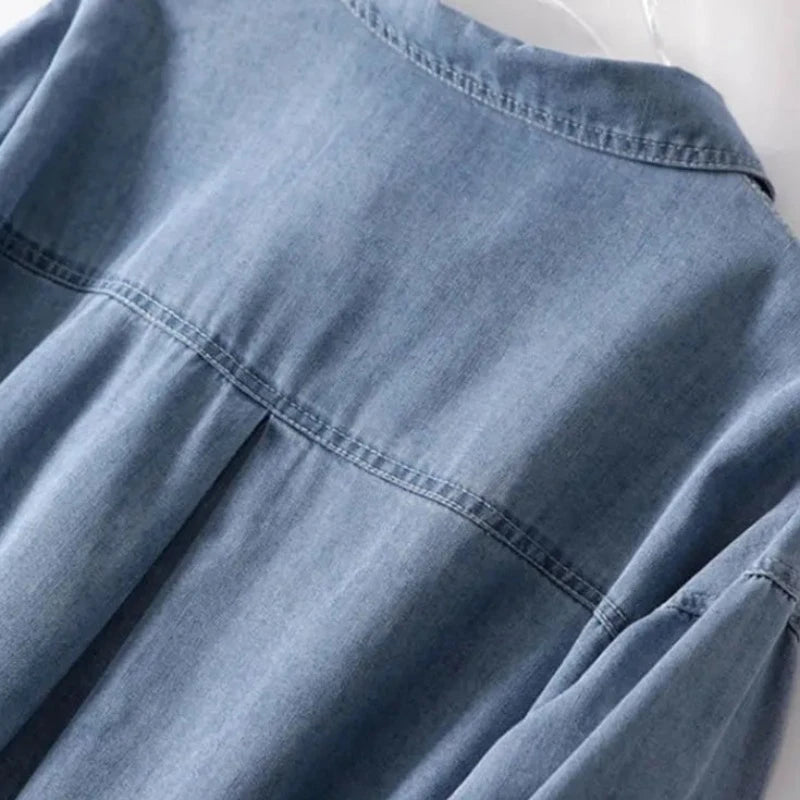 Modern Layering Hero: Women's Long Sleeve Loose Fit Denim Shirt