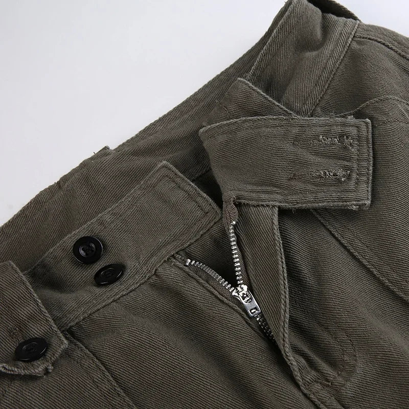 Y2K Cargo Revival: Button Low Rise & Essential Pockets (Smokey Green, Black, Grey)