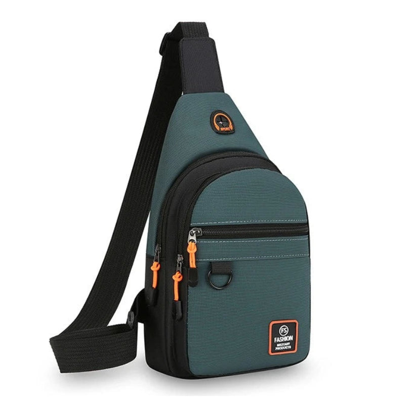 Green sling bag with black strap on a white background