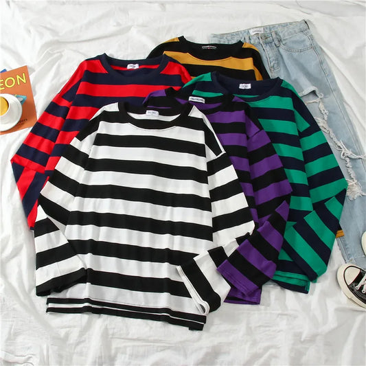 Weekend Vibes: Women's Oversized Striped Long Sleeve T-Shirt