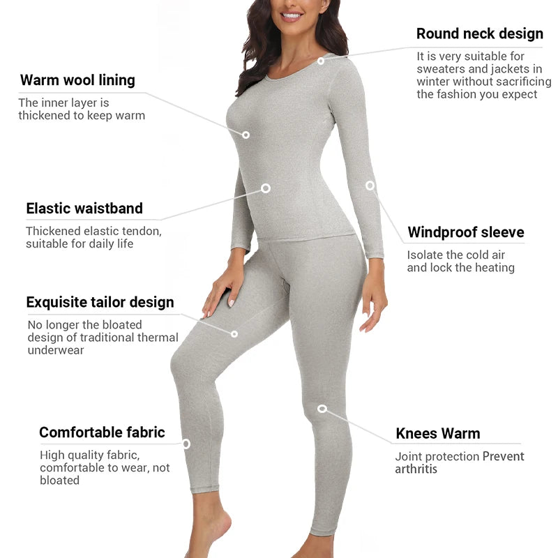 Woman wearing a gray thermal outfit with text highlighting features on a white background
