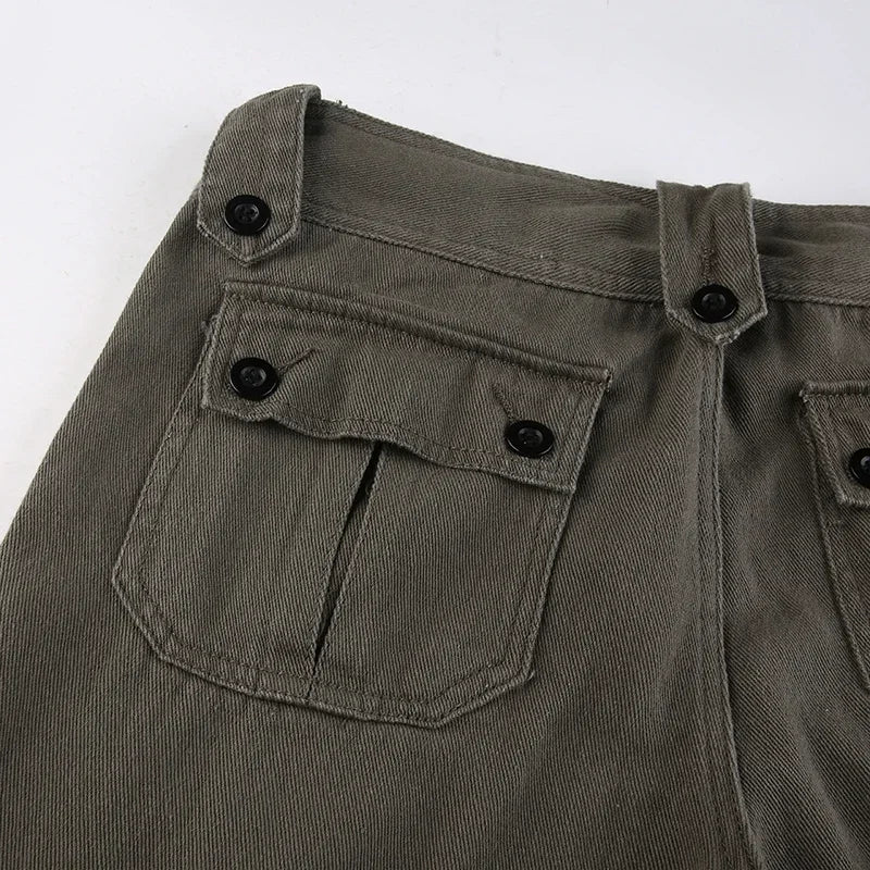 Y2K Cargo Revival: Button Low Rise & Essential Pockets (Smokey Green, Black, Grey)