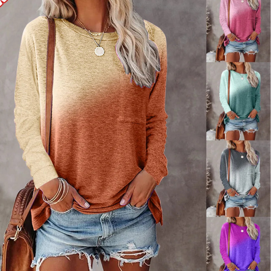 Woman wearing a gradient sweater with denim shorts and a brown bag, with additional color options shown.