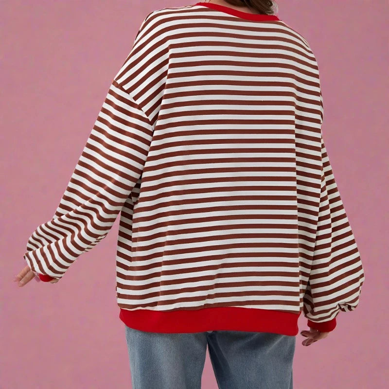 Oversized Vibes: Long Sleeve Striped Color Block Women's Top