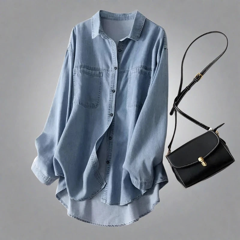 Modern Layering Hero: Women's Long Sleeve Loose Fit Denim Shirt