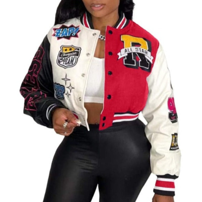 Y2K Baseball Cropped Jacket With Color-Block Splicing