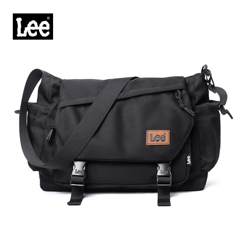 Black shoulder bag with Lee logo on a white background