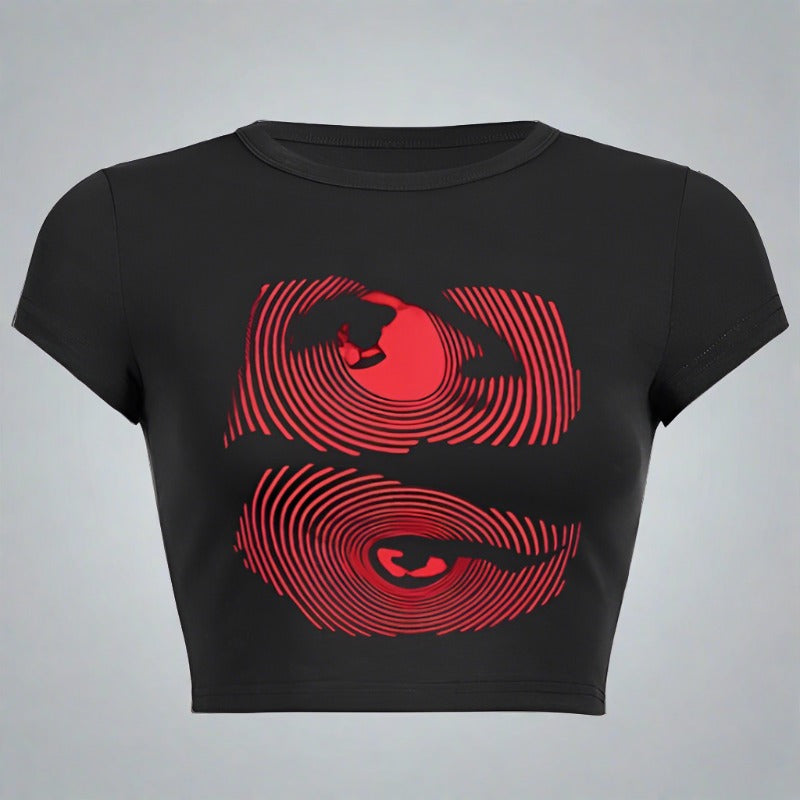 Make A Statement: Bold Red Graphic Pops On Black Crop Top