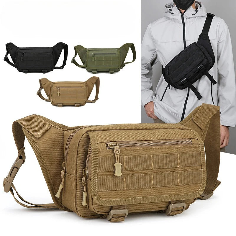 Collection of tactical waist bags in different colors with a person wearing a black bag.