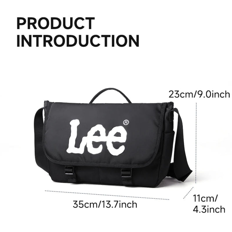 Black bag with 'Lee' branding and measurements on a white background