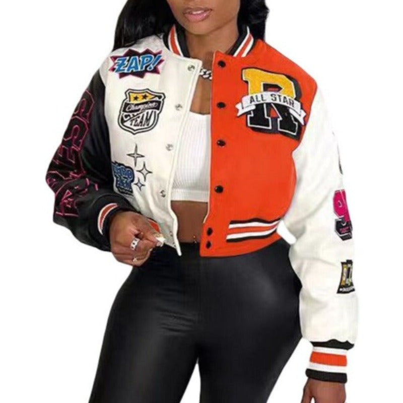 Y2K Baseball Cropped Jacket With Color-Block Splicing