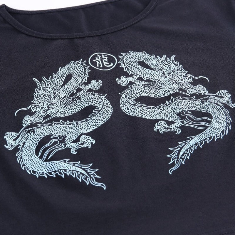 Short Sleeve Dragon Print Women's Crop Top