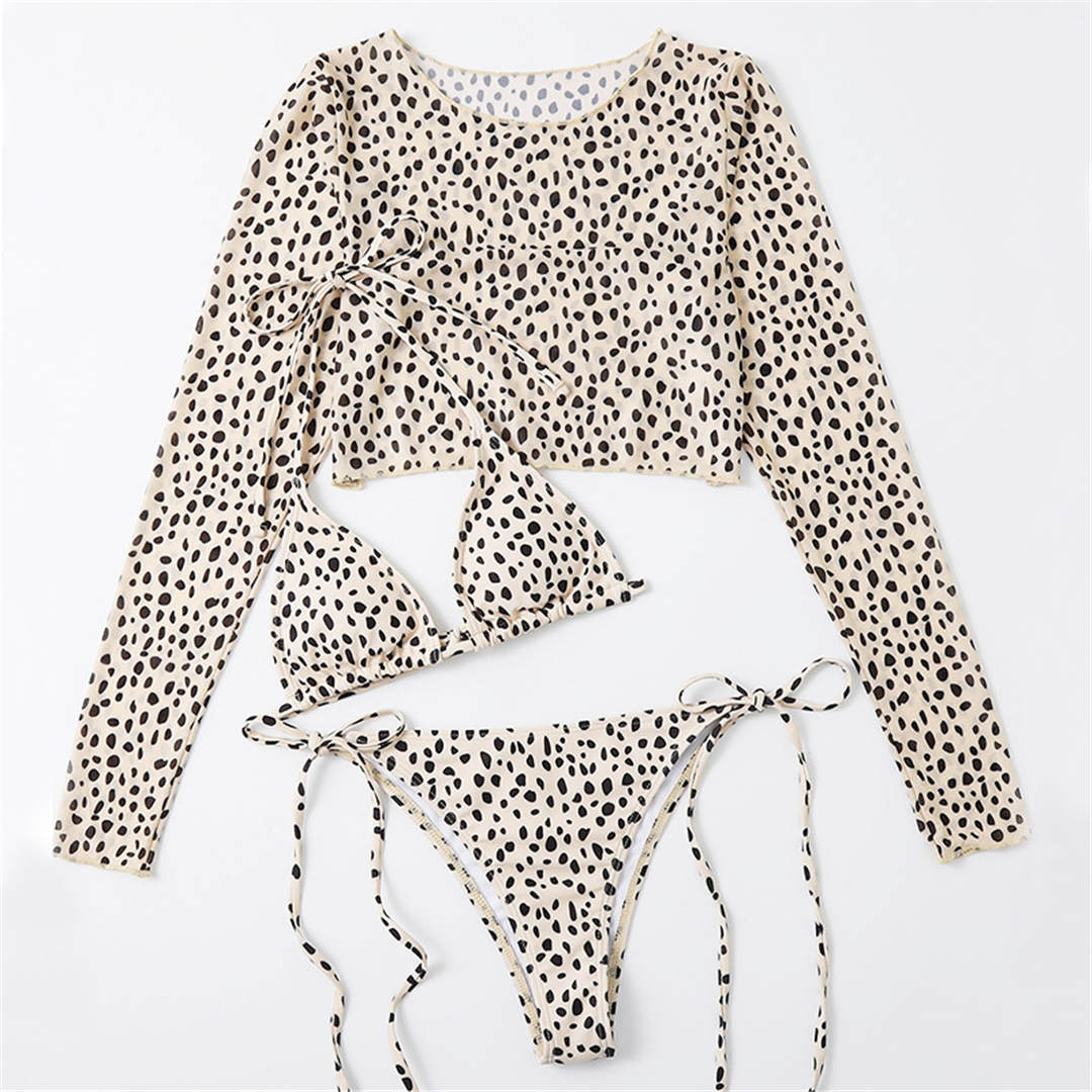 Mix & Match Marvel: Leopard Halter Brazilian Bikini + Long Sleeve Sun Top (3-Piece Set)