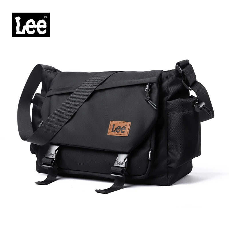 Black messenger bag with Lee logo on a white background