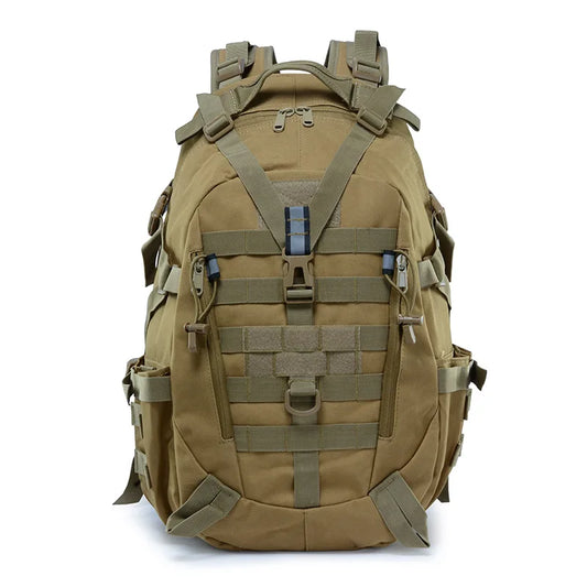 Tan tactical backpack with multiple straps on a white background
