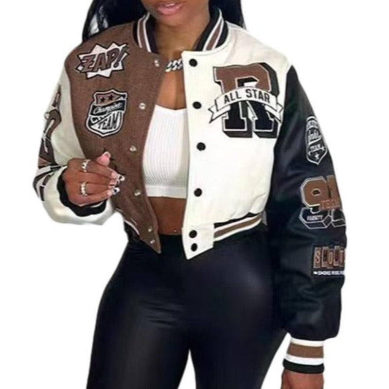 Y2K Baseball Cropped Jacket With Color-Block Splicing