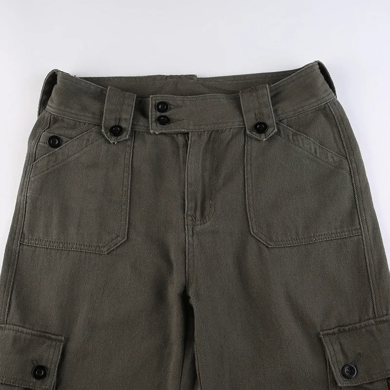 Y2K Cargo Revival: Button Low Rise & Essential Pockets (Smokey Green, Black, Grey)