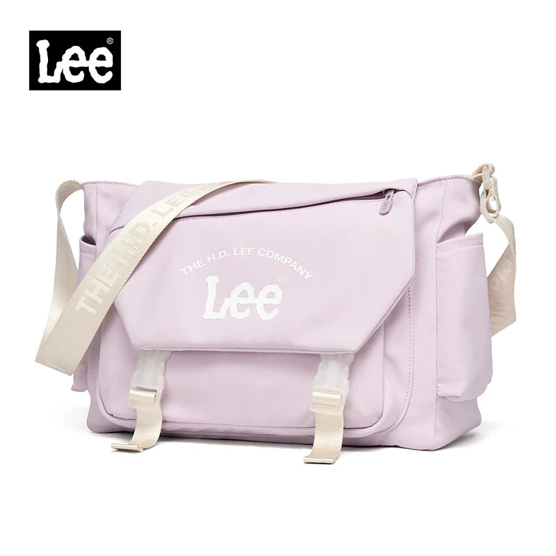 Purple bag with 'Lee' branding on a white background