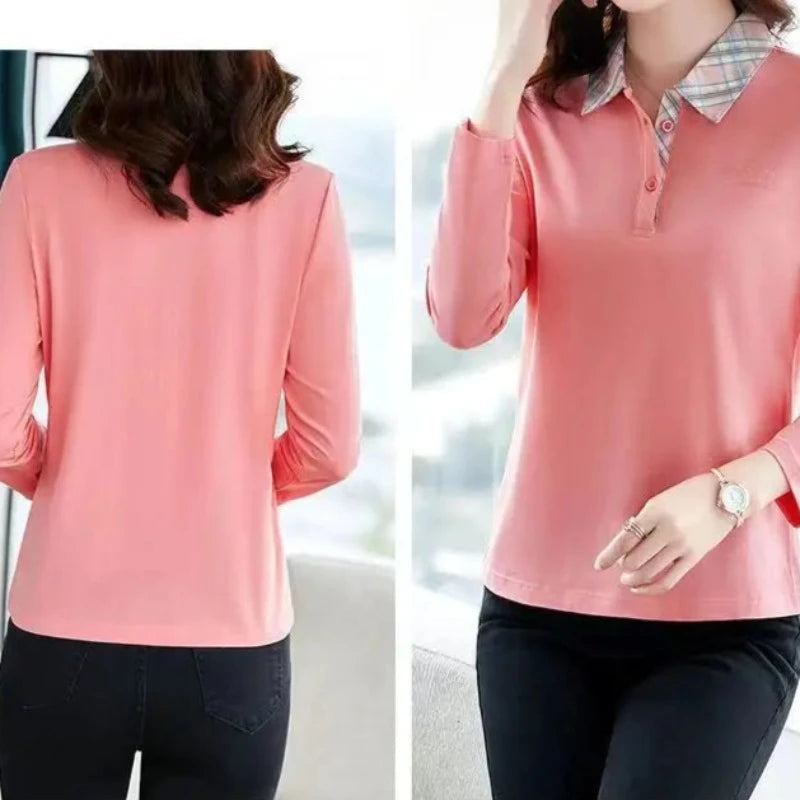 Checked Collar Charm: Women's Long Sleeve Polo Shirt