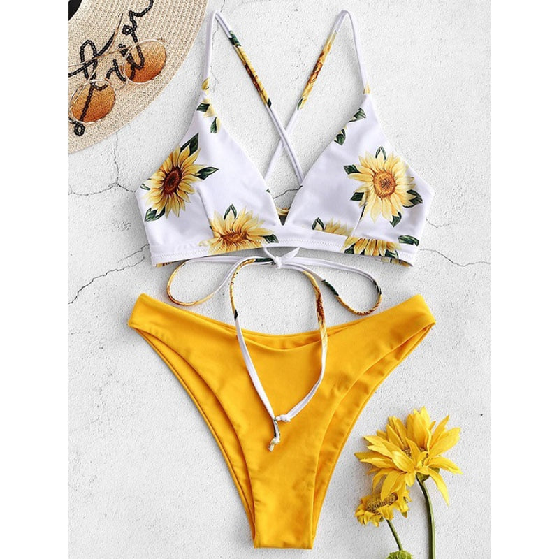 Printed Bikini Set: Push-Up Cups & Bandage Bottoms