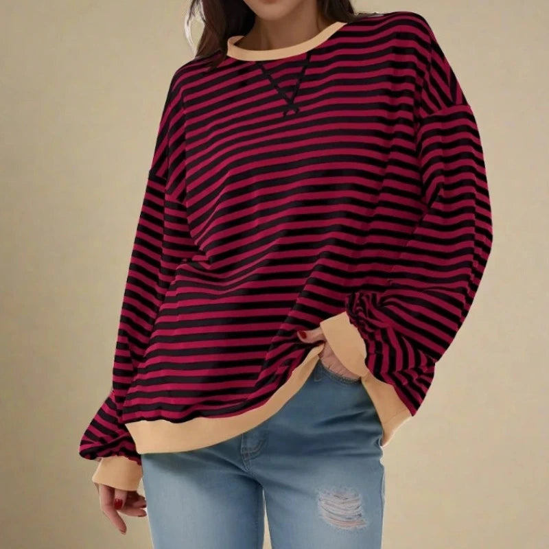 Oversized Vibes: Long Sleeve Striped Color Block Women's Top