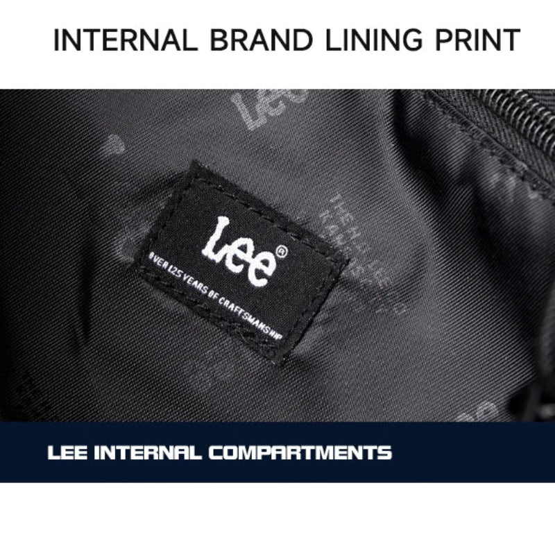 Lee brand label on black fabric with text about internal compartments.