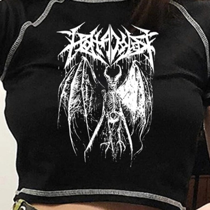 Black Crop Top With Gothic Anime Print