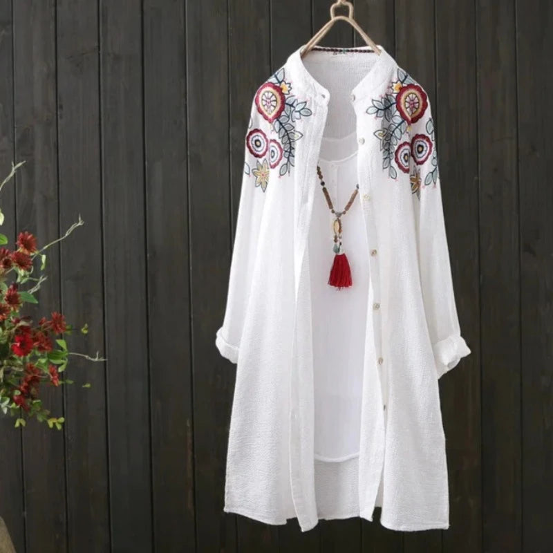 Timeless Style: Woman's Floral Embroidered Long Cotton Shirt