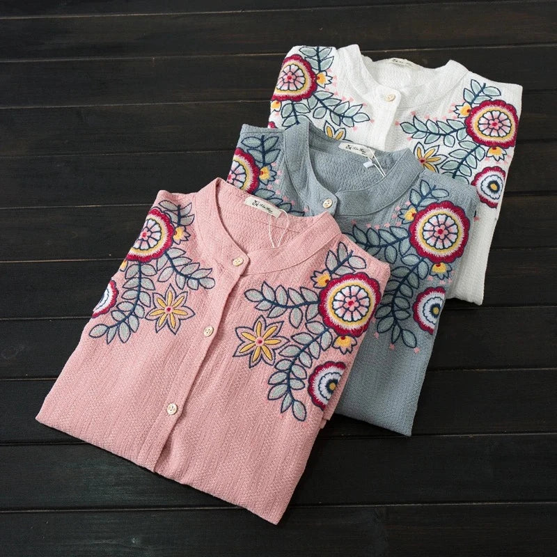 Timeless Style: Woman's Floral Embroidered Long Cotton Shirt