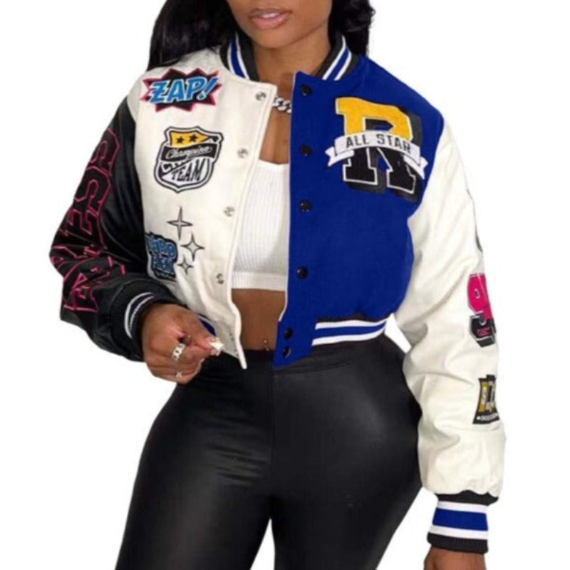 Y2K Baseball Cropped Jacket With Color-Block Splicing