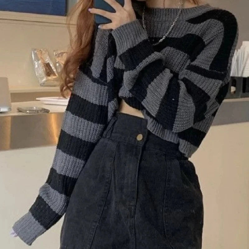 Streetwear Vibes: Oversized Cropped Striped Knit Sweater For Her